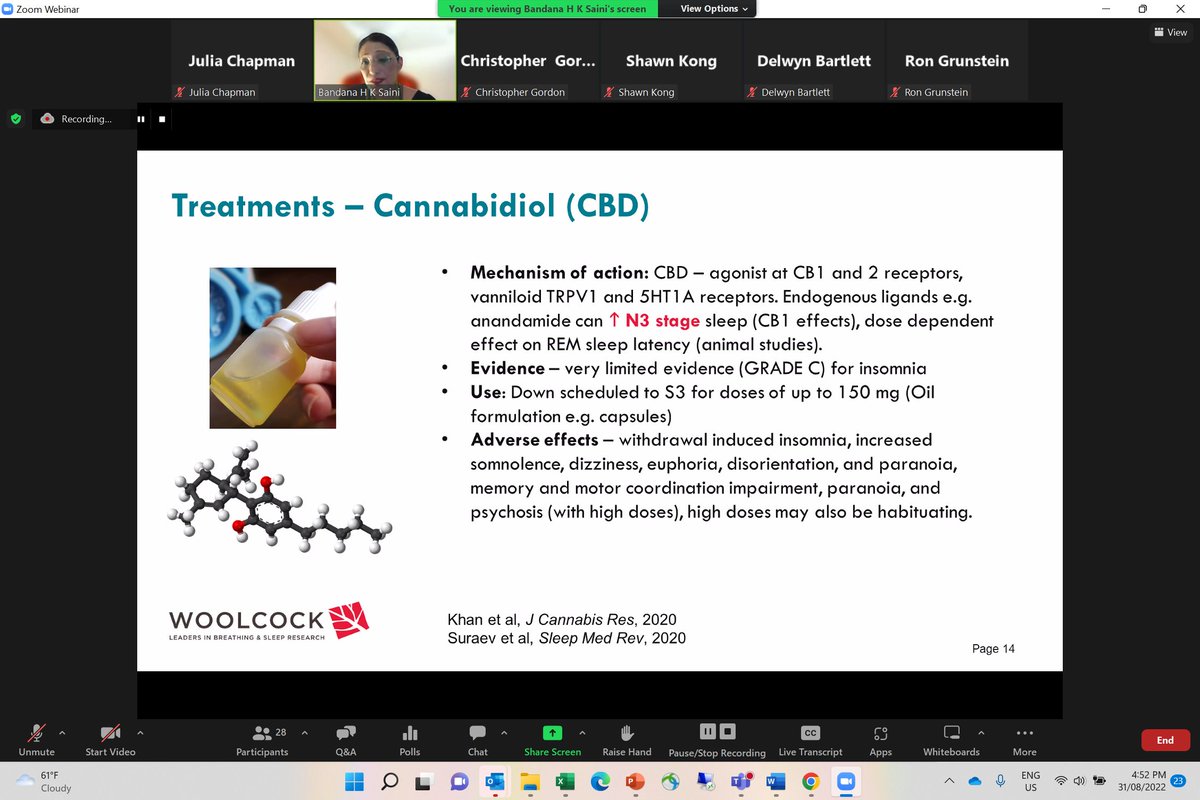 SIESTA Research Program (@siestasynergy) on Twitter photo An amazingly comprehensive overview of medications for insomnia by Prof Bandana Saini including touching on newer compounds under investigation e.g. CBD
( Plug for study currently underway <a href="/Woolcockmedical/">Woolcock Institute of Medical Research</a> canrest.com.au/?/home ) An amazingly comprehensive overview of medications for insomnia by Prof Bandana Saini including touching on newer compounds under investigation e.g. CBD
( Plug for study currently underway <a href="/Woolcockmedical/">Woolcock Institute of Medical Research</a> canrest.com.au/?/home )