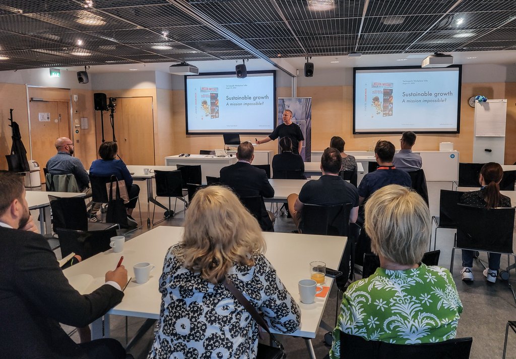 TechnopolisHQ's tweet photo. Sustainable growth – a mission impossible? 

Hybrid event Technopolis Workplace Talks with Saku Tuominen is going on right now. 🙌

A good number of people present at Innopoli 2 in Espoo and nearly 500 listening online! 🤩

#technopolis #workplacetalks #sustainability https://t.co/EXb2ZPQuaF