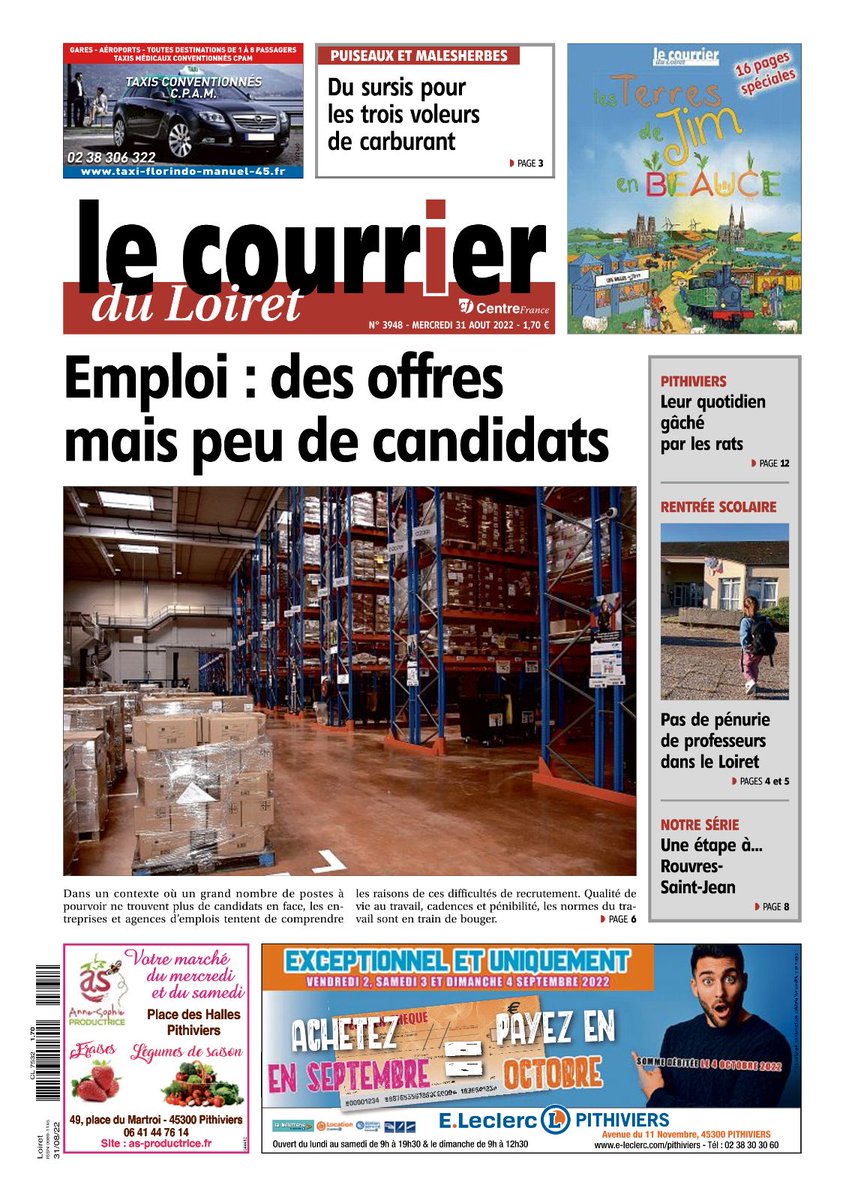 🔴À la Une cette semaine du <a href="/courrier_loiret/">Le Courrier du Loiret</a> :

Les tensions dans les processus de recrutements dans le Pithiverais s'accentues, les secteurs de l'#industrie, la #logistique ou l'#agriculture sont touchés.

Plus d'information dans l'édition de la semaine du Courrier du Loiret !🗞
