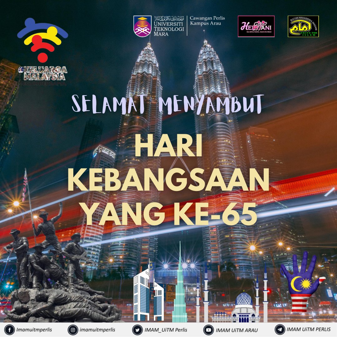 IMAM_UiTMPerlis's tweet photo. SELAMAT HARI MERDEKA KE-65 MALAYSIA 🇲🇾 

Dikesempatan ini, Persatuan Ikatan Mahasiswa Madani  ( IMAM ) sesi 22/23 ingin mengucapkan Selamat Menyambut Hari Kemerdekaan ke-65. Keluarga Malaysia Teguh Bersama.

#KitaIMAM
#IslamMenerajuiProfesionalisme
#IMAMUitmPerlis https://t.co/Oz4Qxud3MX