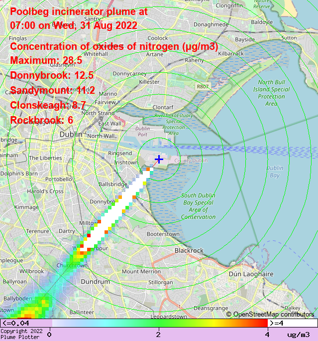 plumeplotter's tweet photo. Latest Poolbeg incinerator plume plot, 07:00 31/08/22 #Donnybrook #Sandymount #Clonskeagh https://t.co/poGzwjcygJ https://t.co/pBFvfJdQ33