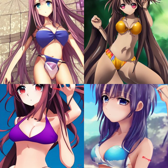 「girl,anime,bikini,cute,summer,sky,sea,tanned skin」辺りのワードで色々試したらこんな感じになった。
#dreamstudio 