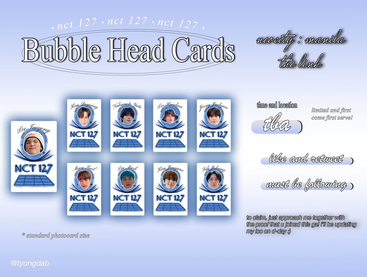 tyongdab's tweet photo. Are you ready to Bring The Noize? It’s D-4! 

[GIVEAWAY]

30 SETS of NCT 127 Bubble Head Photocards

📆 Sept. 4, 2022, Concert D-day

#THELINKTourManila
#NCT127inManila https://t.co/foDpiMqhs4
