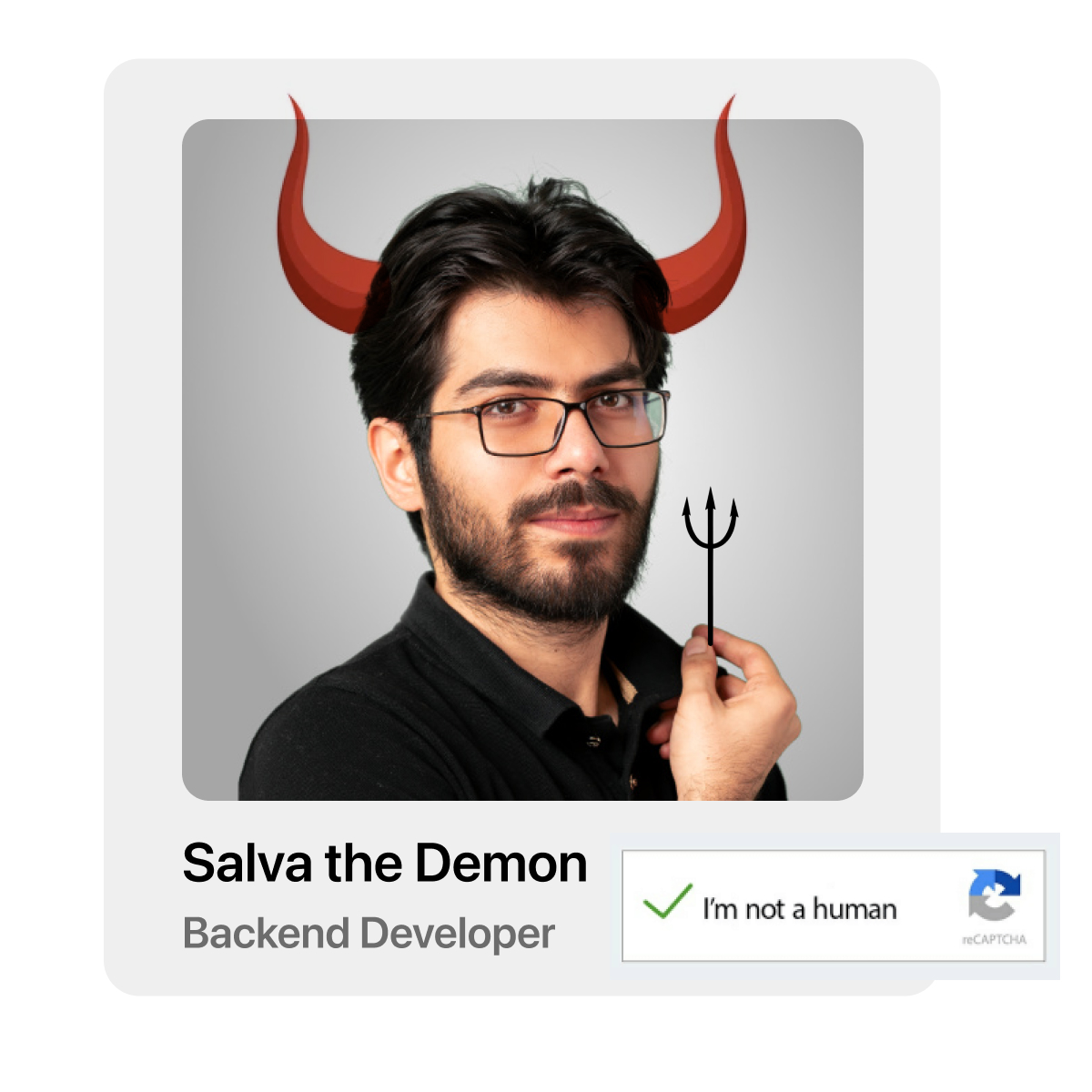 Pyangogmbh's tweet photo. Salva is notorious for his nickname “Salva the demon”- we decided to put him to the test to check if he‘s one of us… Turns out, well, the Recaptcha test result says it all. 👹
.
.
.
#devteam #funatwork #remoteteam #softwareagency #webagency #softwaredevelopment #pyango #devops https://t.co/AtFNP31uP3