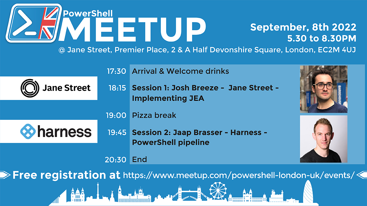 lonpsug's tweet photo. We meet in-person next week at @JaneStreetGroup's office in #London!

PowerShell Meetup with @JoshCBreeze and @Jaap_Brasser on the 8th of September.

Free registration at: https://t.co/ppXzbt7jkB

#PowerShell #PSUGUK https://t.co/dzwdm78e8a