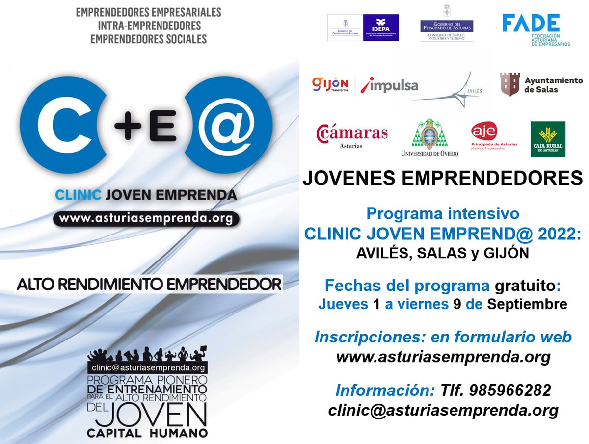 ClinicEmprenda's tweet photo. Mañana jueves 1 septiembre inicia la XVI edición (desde 2007) del Programa de Alto Rendimiento Emprendedor Clinic JOVEN EMPRENDA https://t.co/WT3zyruDkc en el Palacio Maqua de Avilés @AytoAviles @camaraaviles @CECurtidora @AvilesCultFact @AJEASTURIAS @FADE_COMUNICA @idepasturias https://t.co/OHqwwH6Hp2