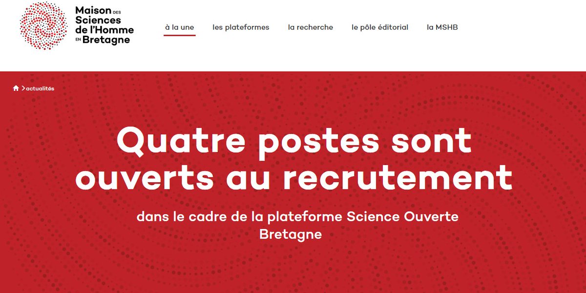 MshBretagne's tweet photo. 📢[Job] #ScienceOuverte #Bretagne
👉 Derniers jours pour candidater

📌Animateur·rice Datalab MSHB Rennes 
📌Chargé·e de suivi &amp; valorisation
📌Ingénieur·e en traitement &amp; analyse de données

➡https://t.co/Km66yDpO0h
cc @UnivRennes_2 @UnivRennes1 @UBO_UnivBrest @UBS_universite https://t.co/GMcbVj3XDH