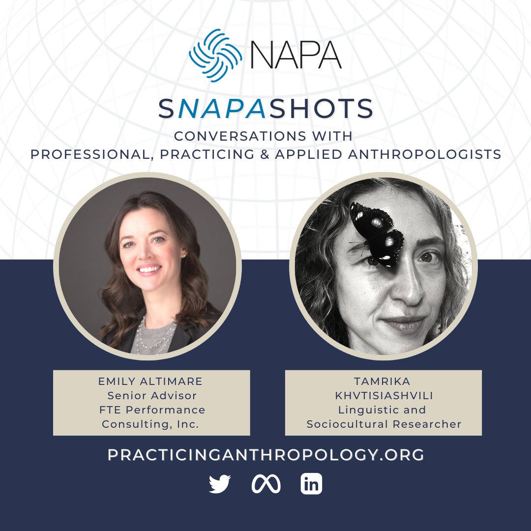 Two new #sNAPAshots drop on Thursday (9/1)! Hear Emily Altimare Ph.D. and Tamrika Khvtisiashvili discuss their careers and perspectives as #Professional, #Practicing, and #Applied #Anthropologists
ow.ly/jvyR50KwkZy