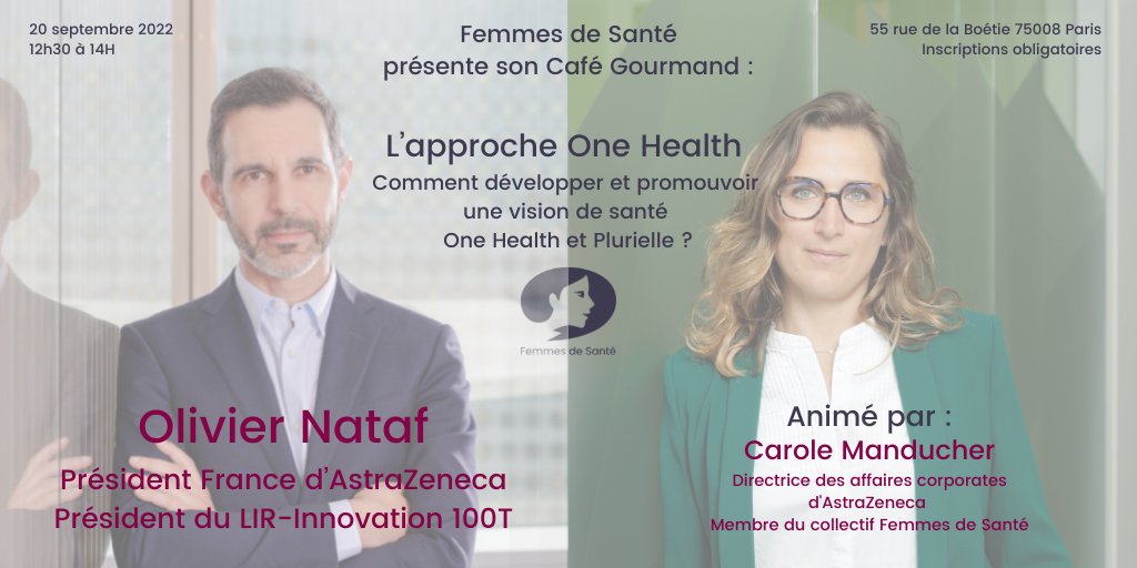 femmes2sante's tweet photo. Café Gourmand #femmesdesante : 20/09, 12h30.
👉🏻 Avec comme invité.e.s :
@OlivierNataf, Président France d’@AstraZenecaFR
Président du LIR-Innovation 100T
@CManducher, Directrice des affaires corporates d'AstraZeneca
Membre du collectif Femmes de Santé
👉 https://t.co/h50gz1Vz8f https://t.co/1NixzSiw2m