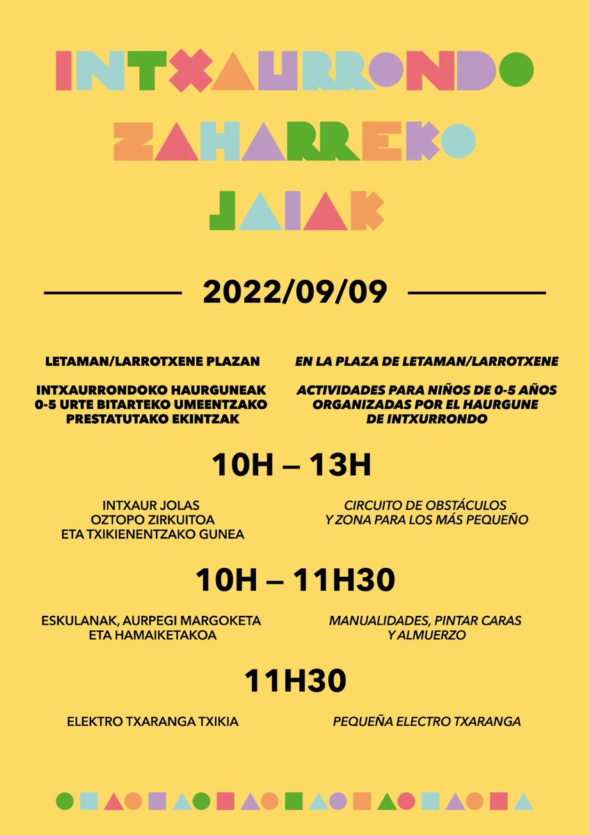 izjaiak's tweet photo. 🚸 IntxHaurgunea da aurtengo berrikuntzetako bat. Ostiralean 10:00etatik 13:00a arte jaigune alboan izango da eta etxeko txikienek jaietaz gozatzeko aukera izango dute haientzat bereziki prestatutako egitarauarekin. https://t.co/Eatj86PpqT