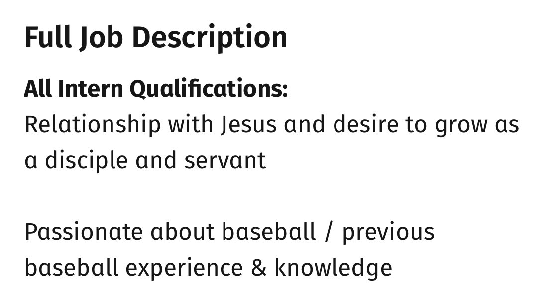 Brawnyhat's tweet photo. Haven’t tweeted in a bit but my job search lead me to this and felt the description was worth a quick trip to Twitter 

Baseball and Jesus https://t.co/h6vZL5hYrH
