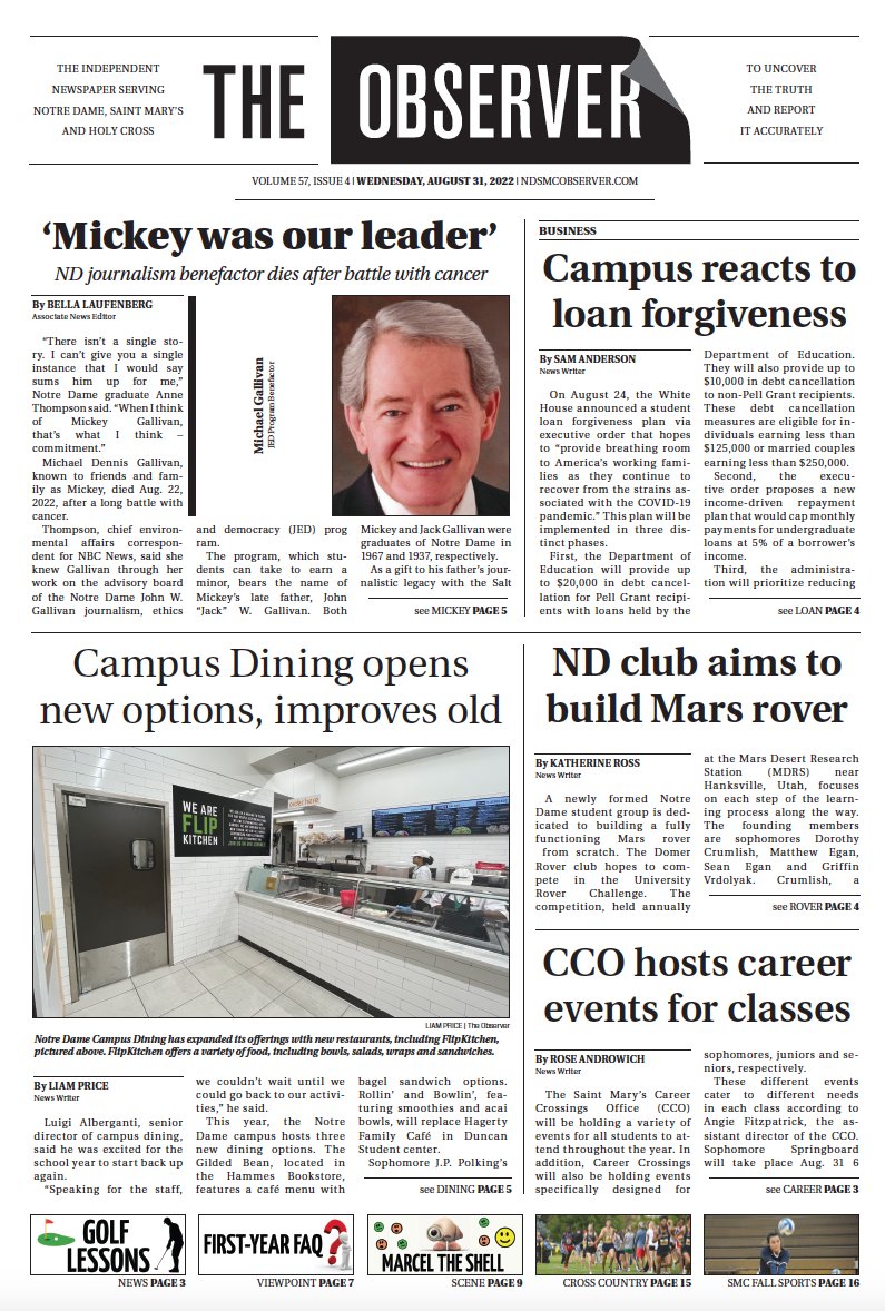 On Wednesdays, we read The Observer. Pick up today’s print issue to read:

🐿️ The nuances of “Chip ‘n’ Dale: Rescue Rangers”
🍴 A guide to eating well in South Bend
🧑‍🚀 How ND students are building a Mars rover

bit.ly/3KwxYbp