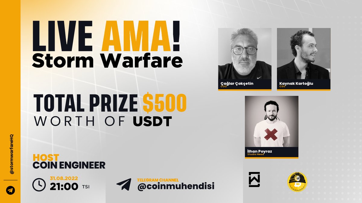 coinmuhendisi's tweet photo. 500$ Değerinde $USDT Ödüllü #StormWarfare ile AMA etkinliğimiz var.
AMA Tarihi : 31 Ağustos 21.00 (UTC+3)
10 soru ödüllü. Twitter(5) - Telegram(5)
🔽Kural:

Takip Et
@coinmuhendisi
+ 
@StormWarfare
+
@paramuhendisim

▶️Beğen,Retweetle
▶️Soru Sor 2 Arkadaşını Etiketle✅ https://t.co/VCDBqQkvX6