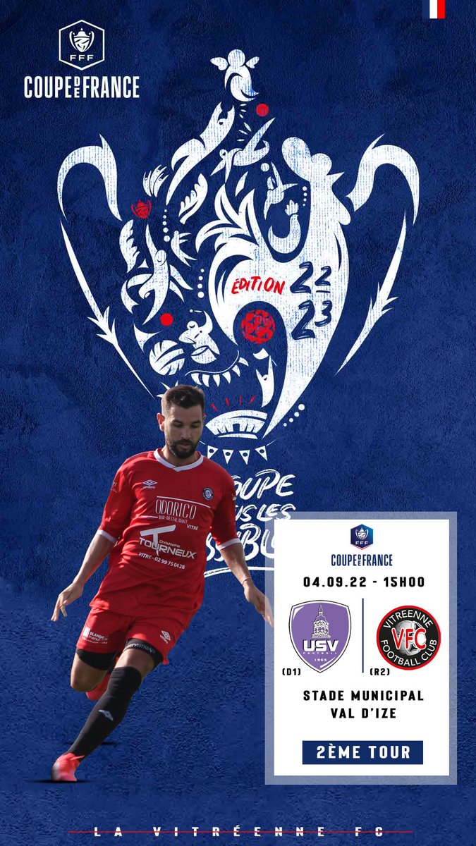 vitreennefoot's tweet photo. [Coupe de France] 🇫🇷🏆

2ème tour de Coupe de France 

Notre équipe fanion ce déplacera à l’ US VAL D'IZE Football (D1).

Rendez-vous Dimanche 4 septembre 2022 à 15H00 ! 🔴⚫️

#TeamVFC https://t.co/nXkEvyE0Yg