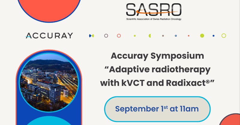 Accuray's tweet photo. From today until the 3rd of September, we are at #SASRO, Baden, CH. Today at 11am, we are hosting our Symposium "Adaptive radiotherapy with kVCT and #Radixact". Join us and come meet us on booth #12! #AccurayExpandRT
