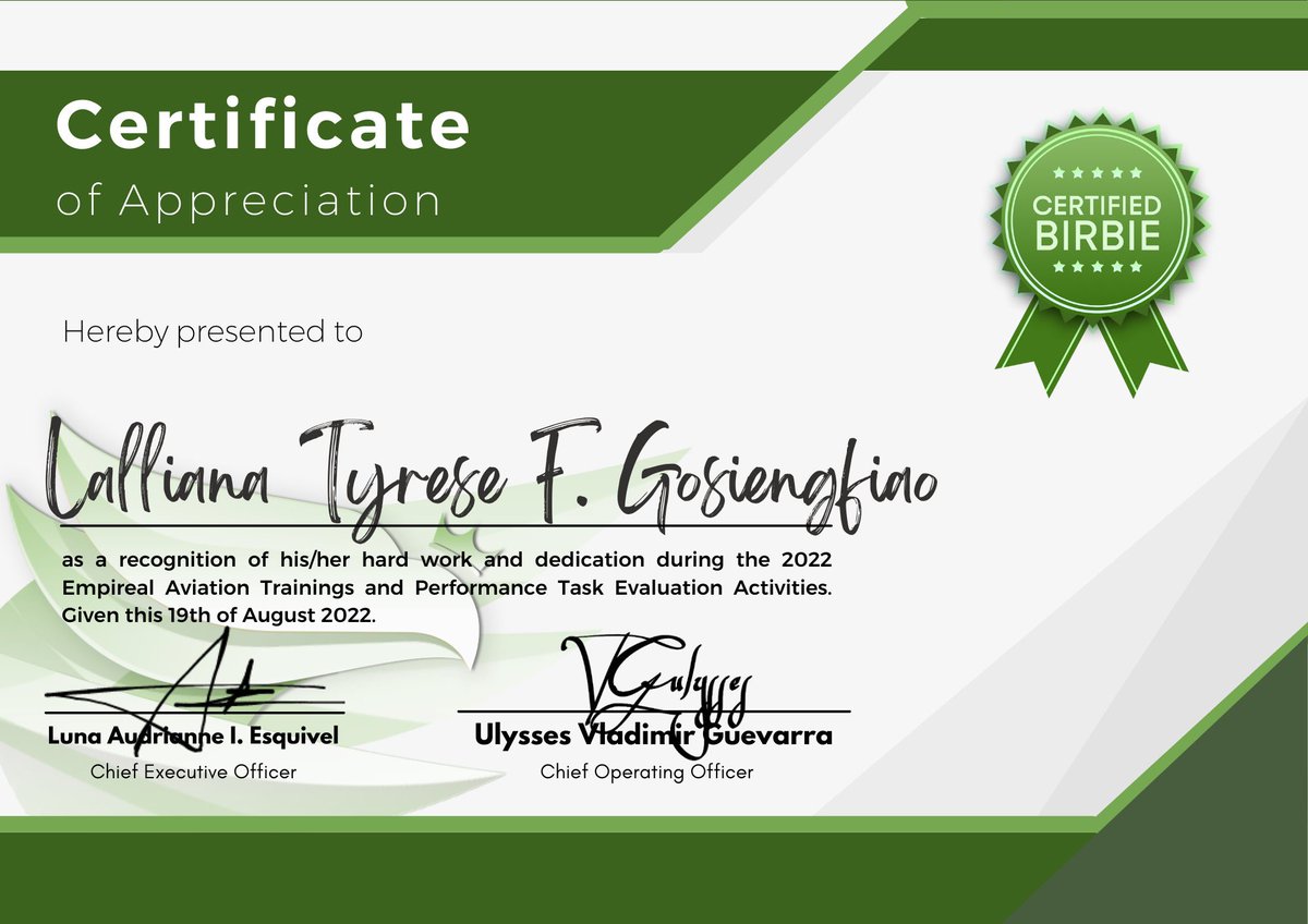 ⠀ 
⠀
Thank you so much, EA! I was honored to be given a Certificate of Appreciation by Empireal Aviation, looking forward to more upcoming PETA’s and flights with you all. #CertifiedBirbie 

⠀