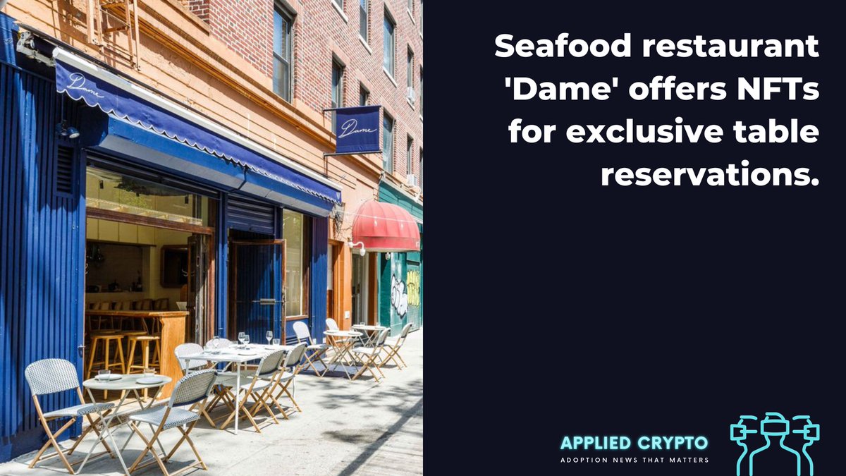 crypto_applied's tweet photo. Trendy #NYC seafood restaurant #Dame offers exclusive #NFTs for $1,000 each, which take the form of a digital fish-and-chips meal. #NFT holders have access to exclusive tables and don't need to wait in the restaurant line for hours like in normal case. #Crypto #Blockchain https://t.co/vl8oiEskLG