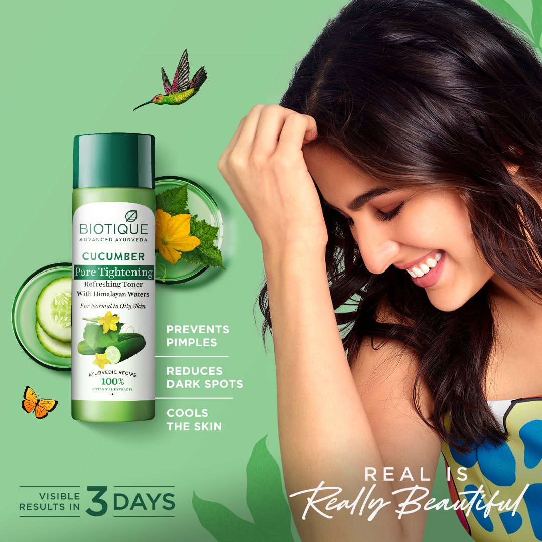 Biotique_World's tweet photo. Biotique Cucumber Pore Tightening Refreshing Toner is crafted to cool down your skin, prevent pimples, and reduce dark spots. ​
Our toner made with real ingredients is #SaraAliKhan  preferred product for a superstar skin because #RealisReallyBeautiful. ​
#SuperstarSkin #Skincare https://t.co/Y3FBvZz8so