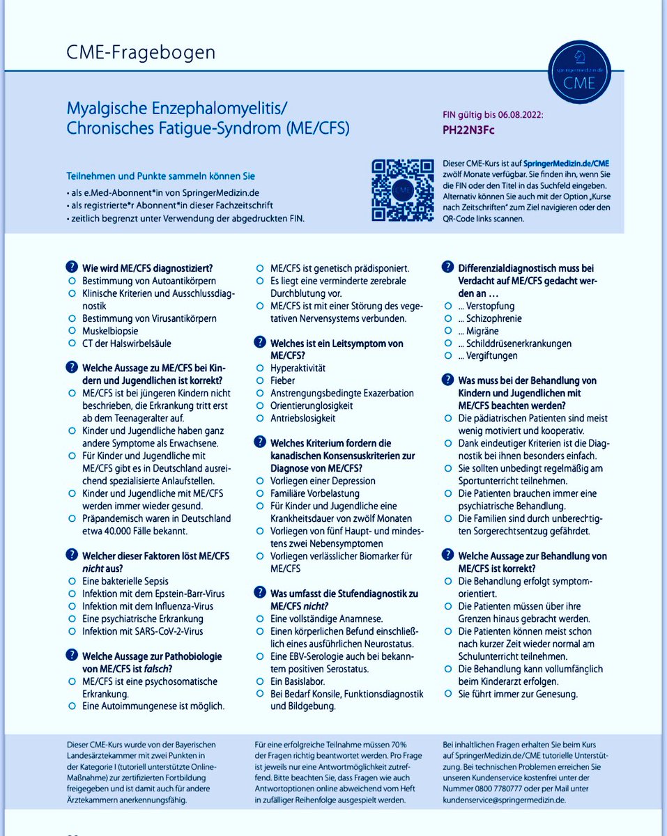 Guten Morgen!

"Wie wird ME/CFS diagnostiziert?
O Bestimmung von Autoantikörpern
O Klinische Kriterien und Ausschlussdiagnostik
O Bestimmung von Virusantikörpern
O Muskelbiopsie
O CT der Halswirbelsäule"

Die weiteren Fragen zu #MECFS aus d.CME Fortbildung von <a href="/SpringerMedizin/">Springer Medizin</a>👇🏼