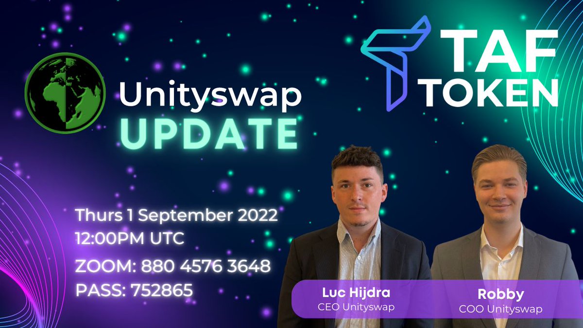 btaftoken's tweet image. Come and join us for an exclusive update on @UnityswapDEX by Luc Hijdra (CEO)  and Robby (COO) 💥 1 September 2022 @ 12pm UTC.  See you there 😎
#TAF #Unityswap #newprojects