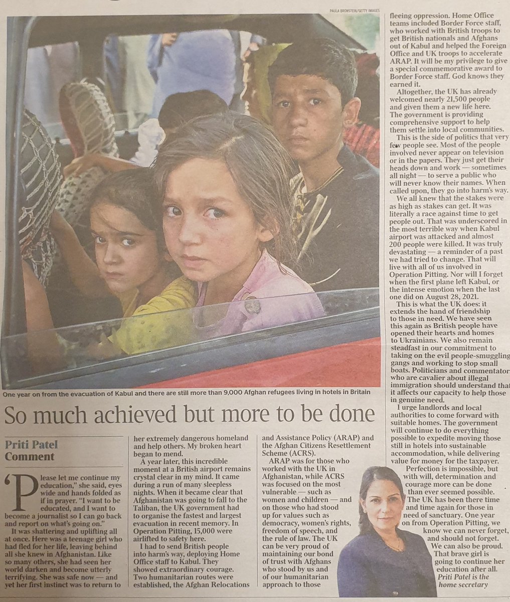 AtRiskTeachers's tweet photo. @pritipatel I like the message in your Times article "So much achieved but more to be done".
When will more be done for the 109 #BritishCouncil teachers who taught UK values across 🇦🇫, yet now live in hiding cos' of the work they did for us?
#AtRiskTeachers 
@FCDOGovUK @trussliz https://t.co/Bfp3rrDI6g