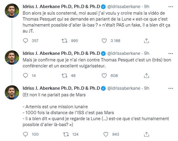 Guillaume_HB's tweet photo. #Pesquet explique que la mission #Artemis2 va emmener des humains bcp plus loin que n'importe quelle mission ne l'a jamais fait (40.000 M, soit 65.000 km, au-delà de la Lune). Nos conspipitres utilisent une version tronquée de l'itw pour lui faire dire autre chose 🙄
#fatigue https://t.co/psmN1Ik5fd