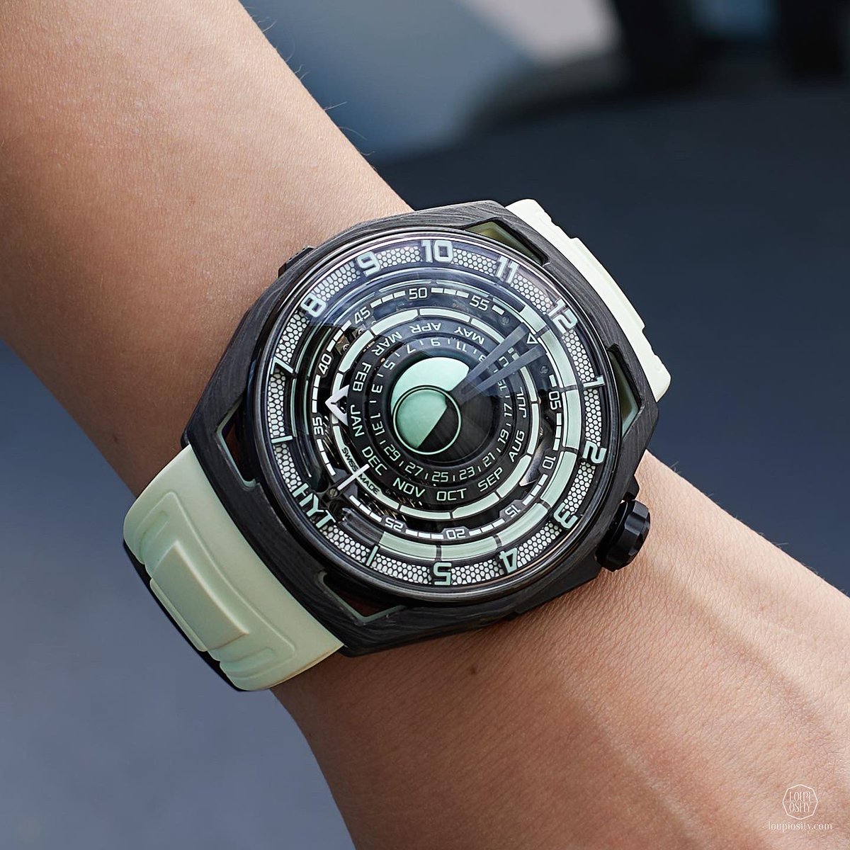 Loupiosity's tweet photo. The Moon Runner White Neon limited edition of 10 - celebrates the 10 years of @HYTWatches #hytwatches #hytmoonrunner #GenevaWatchDays2022 #GenevaWatchDays https://t.co/wShPELCXSU