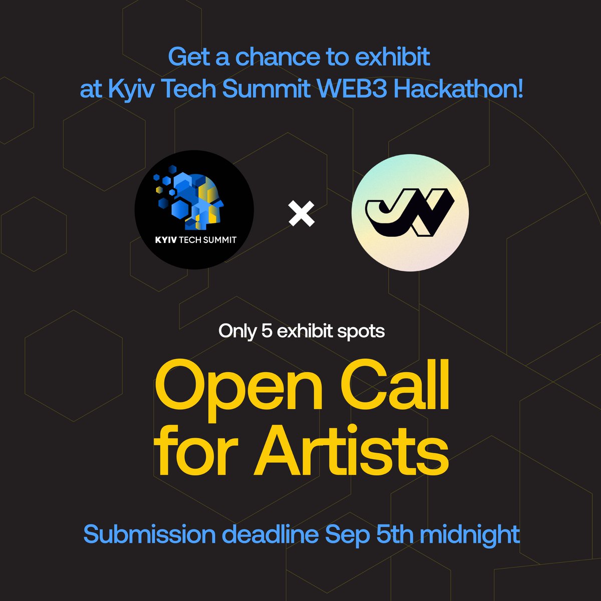 📢Open Call for Kyiv Tech Summit - Art Contest🎨

Hosted by our friends at <a href="/joynxyz/">Joyn</a>. Win a chance for your work to be displayed IRL in Kyiv at the hackathon venue!🖼️

📆Submission deadline by midnight Sep 5th
🇺🇦Theme: Ukraine (of course!)

Submit 👉 app.joyn.xyz/project/kyiv-t…