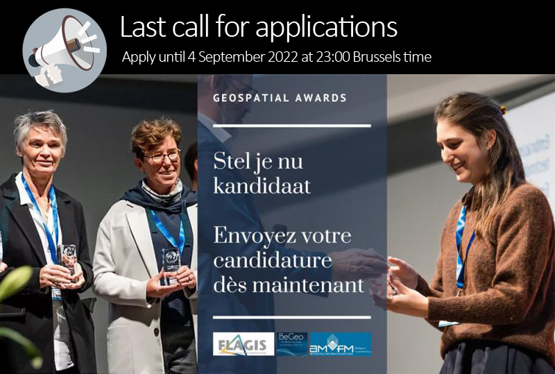 NGIGN_BeGeo's tweet photo. Last call! Les #GeoSpatialAwards récompensent les initiatives professionnelles et les thèses focalisées sur la géo-information Envoyez votre candidature jusqu'au 4 septembre et tentez votre chance de recevoir ce prix à #BeGeo https://t.co/J1iwDz2Zif
@FlagisRvb
@AM/FM-GIS https://t.co/Io3PuGEUg3