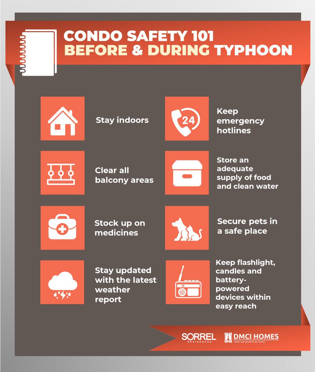 As we brace for the incoming typhoon, here are some quick things for all of us to keep in mind.
#safetyreminders
#SafeSorrel
#CondoSafety 
————————————————
📞+63(2)7000-2114 Concierge
📱+63(933)828-6548 Security Office

📱+63(917)628-5486 PMO
📞+63(2)8879-0530 PMO