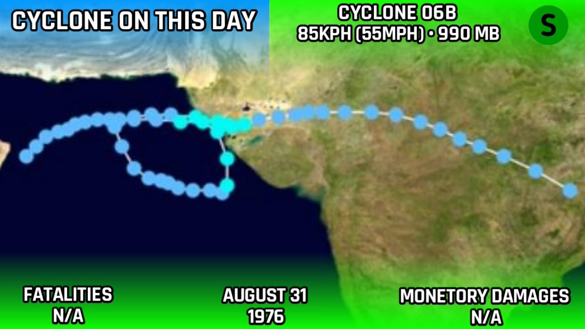 CycloneAnalyser's tweet photo. #COTD
On This Day Cyclone #06B peaked just offshore #Gujrat with gale force winds of 85 kph in #Okha & caused #flooding rain peaking a record breaking 250 mm rain in #Ahmedabad in the month of #August. It made a unusual loop track & re-intensified once again before dissipating https://t.co/pFteihsdtv