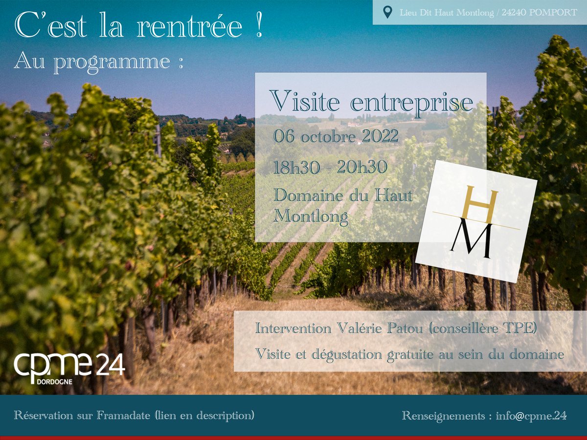 🚨 Visite entreprise 🚨

👉 C'est la rentrée au sein de la CPME Dordogne ! Pour cette occasion, nous organisons une visite entreprise au sein du @domaineduhautmontlong. 

🙌 Nous vous attendons nombreux. Pour réserver, cliquez sur le lien suivant : framadate.org/5OTORGYh2yOlMN….