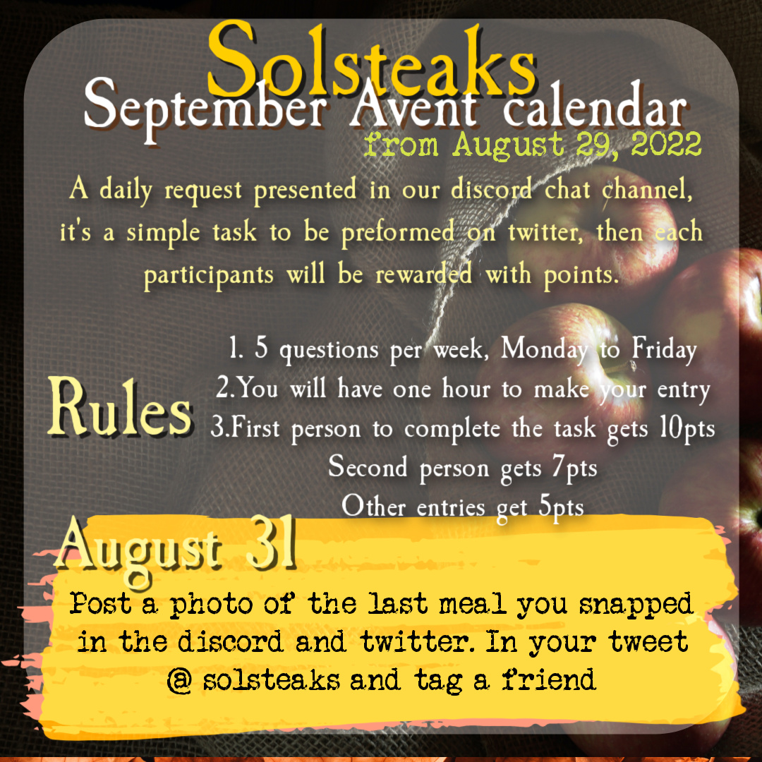 GM!! 

The advent calendar continues

Join us in discord for our daily challenge discord.gg/P6sCNHC4

Prizes and WL to be awarded at the end of the month!! 

#NFTs #Solsteaks #NFTart #NFTcommunity #Solana #solanaNFTs