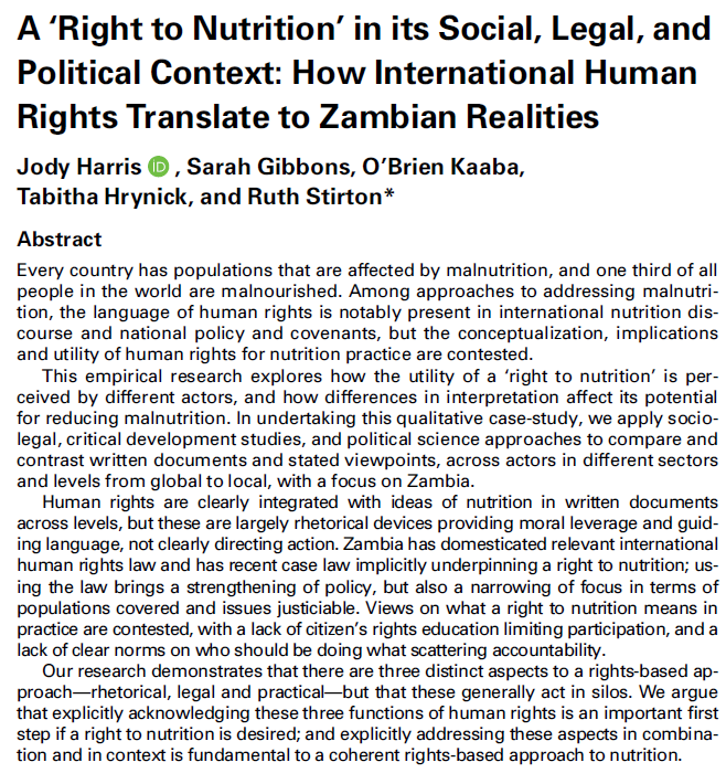 justjody23's tweet image. 🔥 New article!
👉Human rights are accepted as fundamental by most - but how they apply to food and nutrition action is unclear for many
👉Our work untangles the rhetorical, legal &amp;amp; practical dimensions of rights, clarifying understandings &amp;amp; outlining nutrition actions for 🇿🇲&amp;amp;🌍