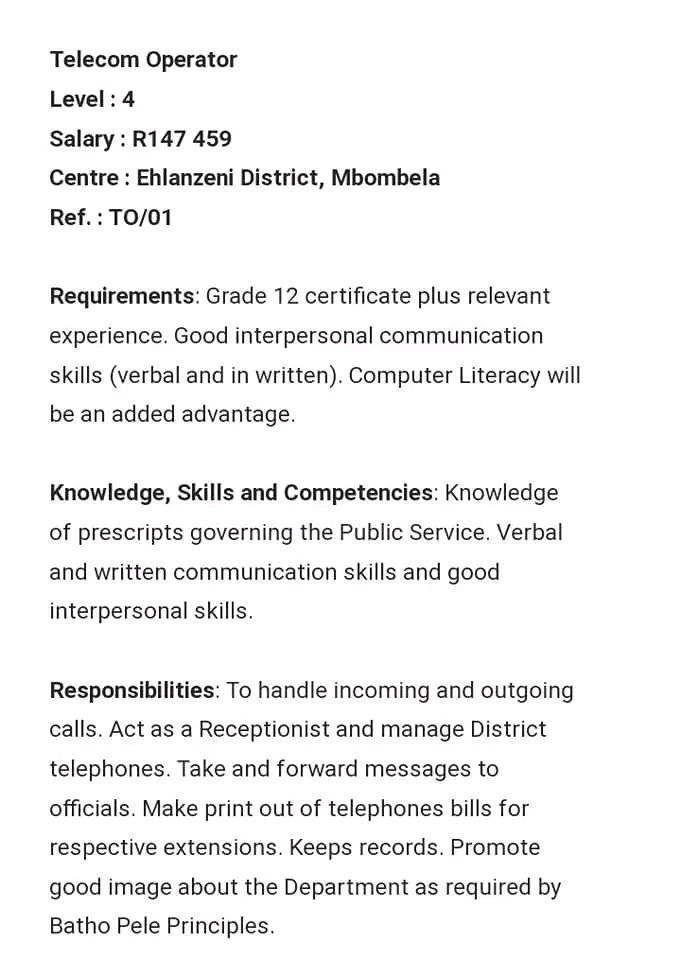 Mpumalanga Department Of Public Works Vacancies 

APPLICATION:
Applications quoting reference number must be addressed (attention) to Ms PN Mokhotla. Applications must be posted to The Head of Department, Department of Public Works, Roads and Transport, Private Bag x 11310,