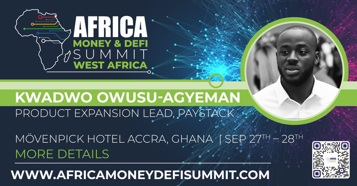 .<a href="/AfricaMoneyDefi/">Africa Money & DeFi Summit</a> Summit 27-28th Sep. Happy to have <a href="/KjOwusu/">Kwadwo Owusu-Agyeman 🇬🇭🌍</a>, Product Expansion Lead, <a href="/paystack/">Paystack</a>, joining the #AfricaMoneyDefi Summit speaker line-up sharing his insights on investment and product expansion in Africa bit.ly/3B0lO7q #AfricaFintech #AfricaCrypto #AMDSGH