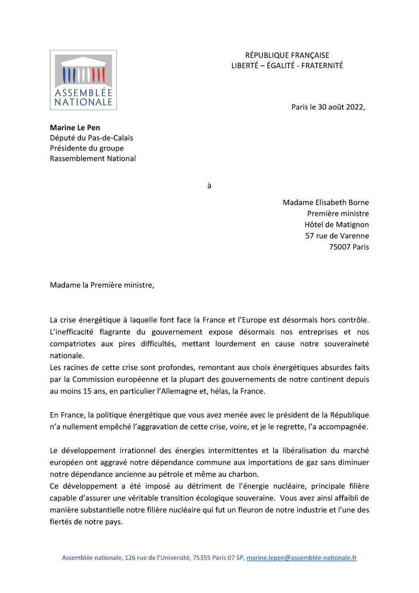 MLP_officiel's tweet photo. Je vous demande, Madame la Première ministre, de convoquer une session
extraordinaire du Parlement, en mettant à l’ordre du jour, un débat suivi
d’un vote sur les mesures à prendre pour protéger les Français de la crise énergétique. https://t.co/zLeoLc2oaz
