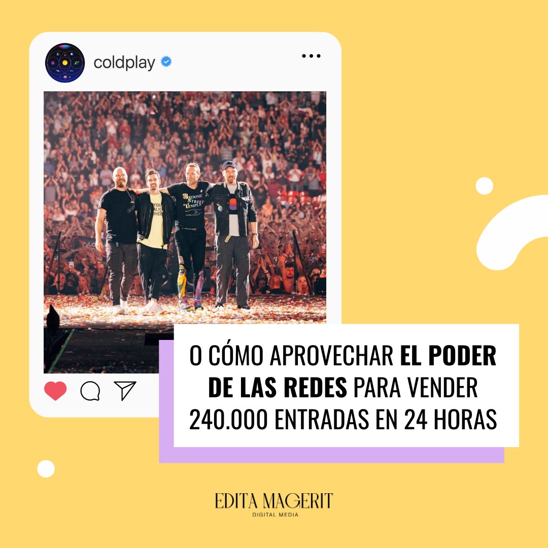 editamagerit's tweet photo. Sí, nosotros también estuvimos en el puesto 5838734 de la cola para ver a #Coldplay. 

Vender 240.000 entradas en 24h es algo sin precedentes en la historia del Estadi Olimpic, pero... 😱 ¿Cómo lo consiguieron?

En este 🧵 te contamos 3 estrategias de #SocialMedia que emplearon. https://t.co/Py2fQhkPdF