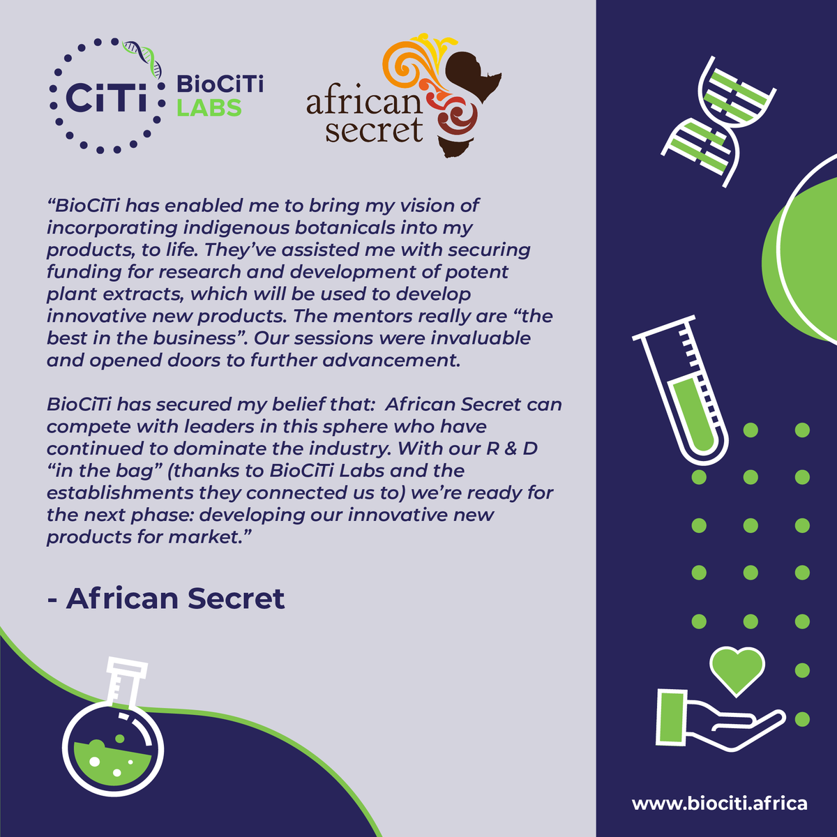 UVUAfrica's tweet photo. African Secret is a BioCiTi supported business. BioCiTi has assisted African Secret with securing funding and providing support for them to achieve their goals. Looking forward for many more years to come! 

Learn more: https://t.co/Regr6ha8nq

#BioTech #BioCiTi #BioTechSA https://t.co/aX1TtMGJT8