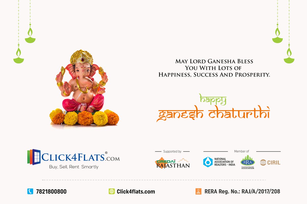 Click4Flats's tweet image. On this occasion of Ganesha Chaturthi, We wish Lord Ganesha visits your home with bags full of Happiness, Prosperity and Peace.
Team Click4flats.com wishes all a very Happy Ganesha Chaturthi.
 #ganeshchaturthi #ganesha #india #Click4flats