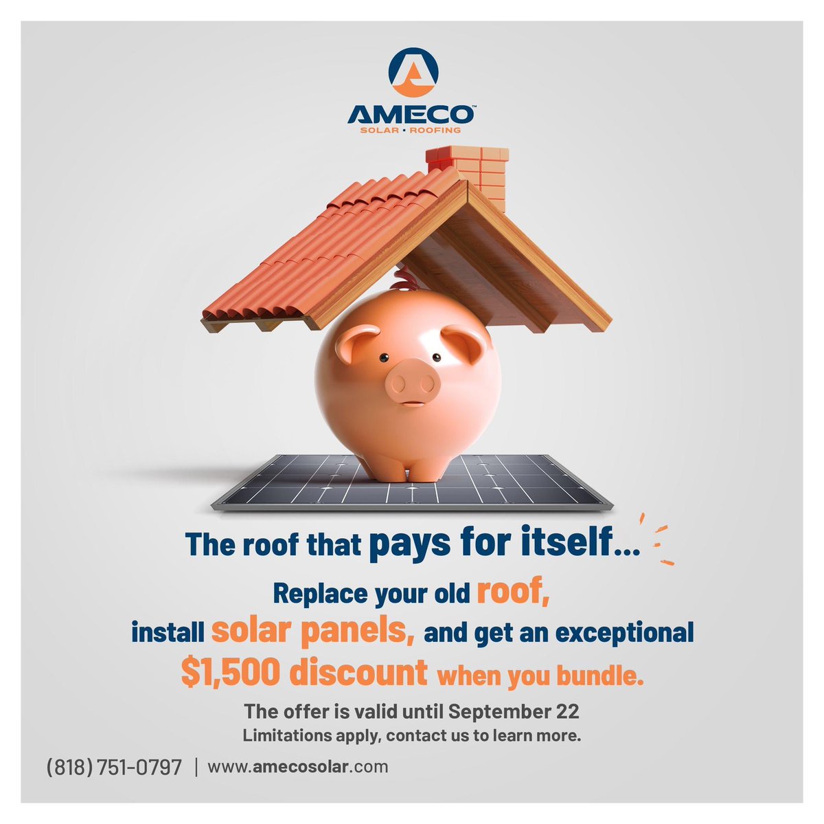 AmecoSolar's tweet photo. 😤Unexpected roof costs got you down? 

🙌Contact AMECO to get the roof that pays for itself. 
💥To make the deal even sweeter, we're upping our roof/solar bundle discount to $1,500.

The offer is valid until September 22. Hurry up!

#AMECOSolar #promo https://t.co/JW80fk0J9M