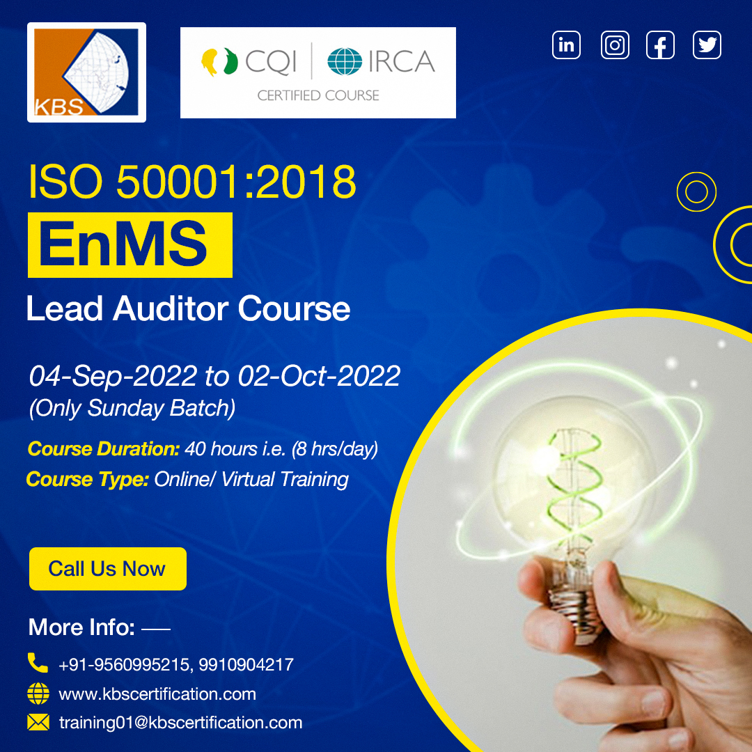 kbs_pvt_ltd's tweet photo. KBS Training Academy invites applications for #CQIIRCA Approved ISO 50001:2018 EnMS lead auditor #Training Courses starting from 4th Sept - 2nd Oct. 2022
.
Register yourself today at https://t.co/qaun3OJtks
Call Now @ +91 9910904217, +91 9971998084
#kbscertification https://t.co/Zff4m7iq5z