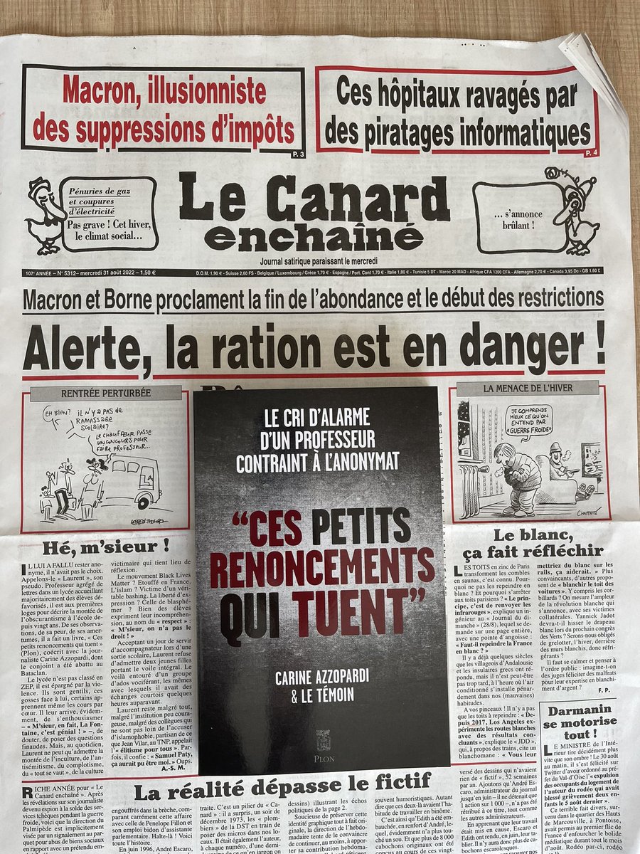 EditionsPlon's tweet photo. Le livre événement de la rentrée de @CarineAzzopardi « Ces petits renoncements qui tuent » numéro 1 des ventes, est chroniqué ce matin en Une du Canard Enchaîné ce matin. @LiseBoell @ClemDuguay @DomitilleMasse @cavousf5 @franceinter @MarianneleMag @LEXPRESS @CNEWS @bfm https://t.co/Hs8XHLUiRF