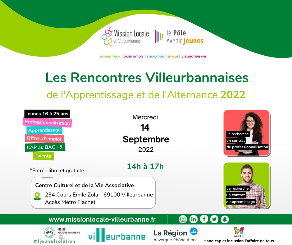📣 C’EST LA RENTRÉÉÉEE ! 

Tu es toujours à la recherche d'un employeur, d'un centre de formation pour ton alternance pour la rentrée ? 
Ne t’en fais pas, la <a href="/MLVilleurbanne/">Mission Locale de Villeurbanne</a> a une solution pour toi😉Rendez-vous le 14 septembre aux "Rencontres Villeurbannaises" !
#1jeune1solution