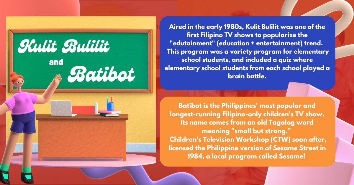 KidSpot__'s tweet photo. 1980's 🍎✏️📺

THE LONGEST RUNNING FILIPINO CHILDREN'S SHOW? Find out below how Batibot and Kulit Bulilit came to be! 🙌

#KidSpot
#PagbabalikBata
#BroadcastHistory
#CA3283 https://t.co/0dKXqDx9VW