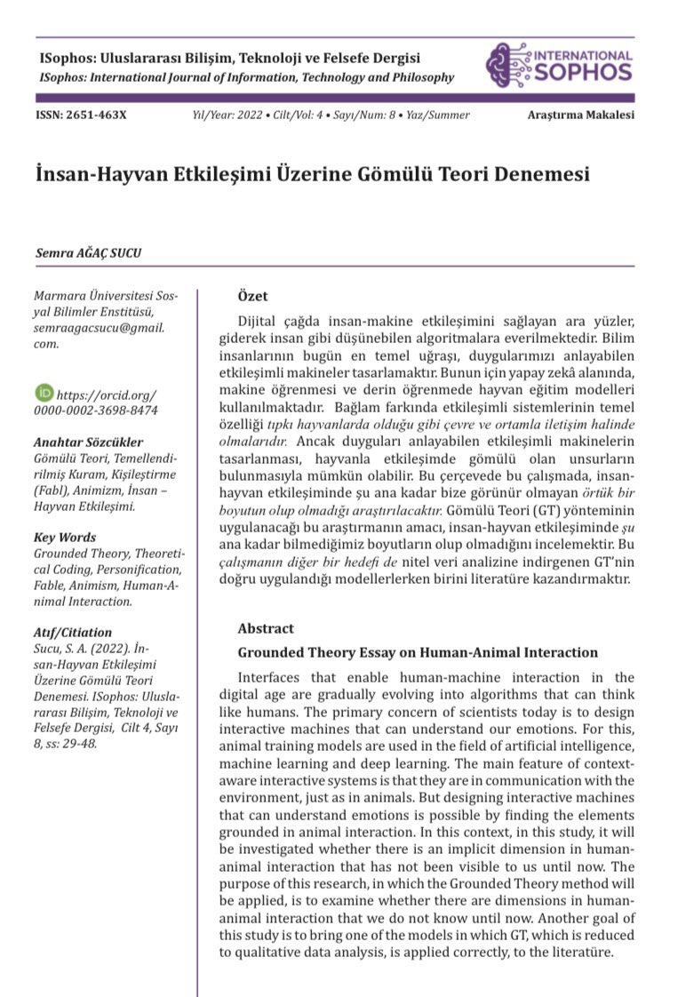 i_sophos's tweet photo. İnsan-Hayvan Etkileşimi Üzerine Gömülü Teori Denemesi adlı özgün makalesinde @semrasucu_ , #yapayzeka araştırmalarındaki #makineöğrenmesi ve #yapayöğrenme modellerini, hayvan eğitim modelleriyle ilişkisini göstermektedir. https://t.co/wLr6PPJlEd https://t.co/MyDE1zCCQV