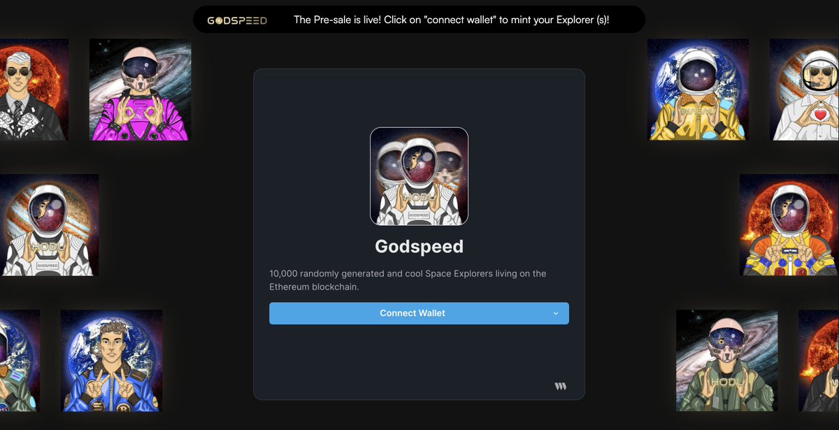 Godspeed_NFTs's tweet photo. Alright frens, the pre-sale is live! 🔥

Join the Crew 👉 https://t.co/hwXYEZ5IA5 and let's bring tokenomics to the new space economy! https://t.co/jVdvEgyiw3