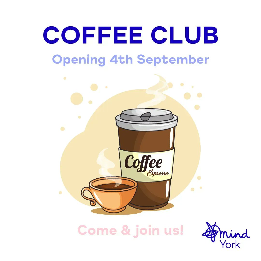 TheYorkMind's tweet photo. Join us for our weekly Coffee Club! 💙

Our club offers a welcoming space where you can stop for refreshments, meet new people and have a chat. 

To register: call 01904 643364 option 5 or email: activities@yorkmind.org.uk

#coffeeclub #wellbeing #mentalhealth https://t.co/pe0xdG01mx