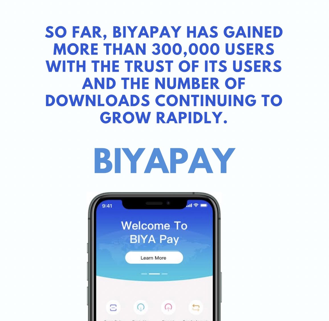 BiyaPayGlobal's tweet photo. So far, #BIYAPAY has gained more than 300,000 USERS with the trust of its users.
Go register here: https://t.co/npxrd5tIhO
#crypto #Cryptocurency #cryptotrading #token #tokenvest #invest #investing #usdt #bitcoin https://t.co/Bhn0Q4xKsn