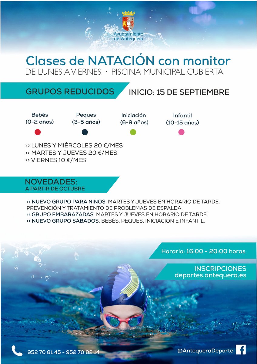 AytoAntequera's tweet photo. 🏊🏽‍♀️ El próximo 15 #septiembre se inician las clases de natación con monitor, enfocadas para el público infantil, y puestas en marcha por el área @ATQDeporte 

✔️NOVEDADES:
👦🏽 Prevención problemas de espalda
🤰🏽 Grupo de embarazadas
👧🏽 Nuevo grupo sábados

Contigo #HacemosCiudad https://t.co/xIoFNV7b7F